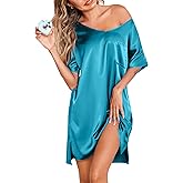 Ekouaer Women's Satin Nightgowns V Neck Side Split Sleepshirt Short Sleeves Sleepwear Chest Pocket Nightshirt S-XXL