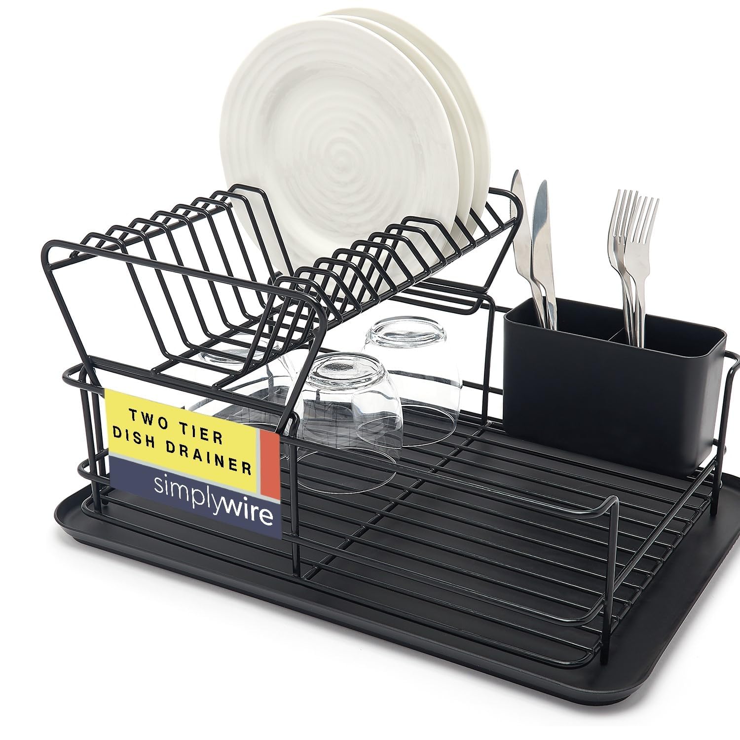simplywire – Two Tier Dish Drainer – Removable Plate Drying Rack & Cutlery Holder - Black Plastic Coated Steel
