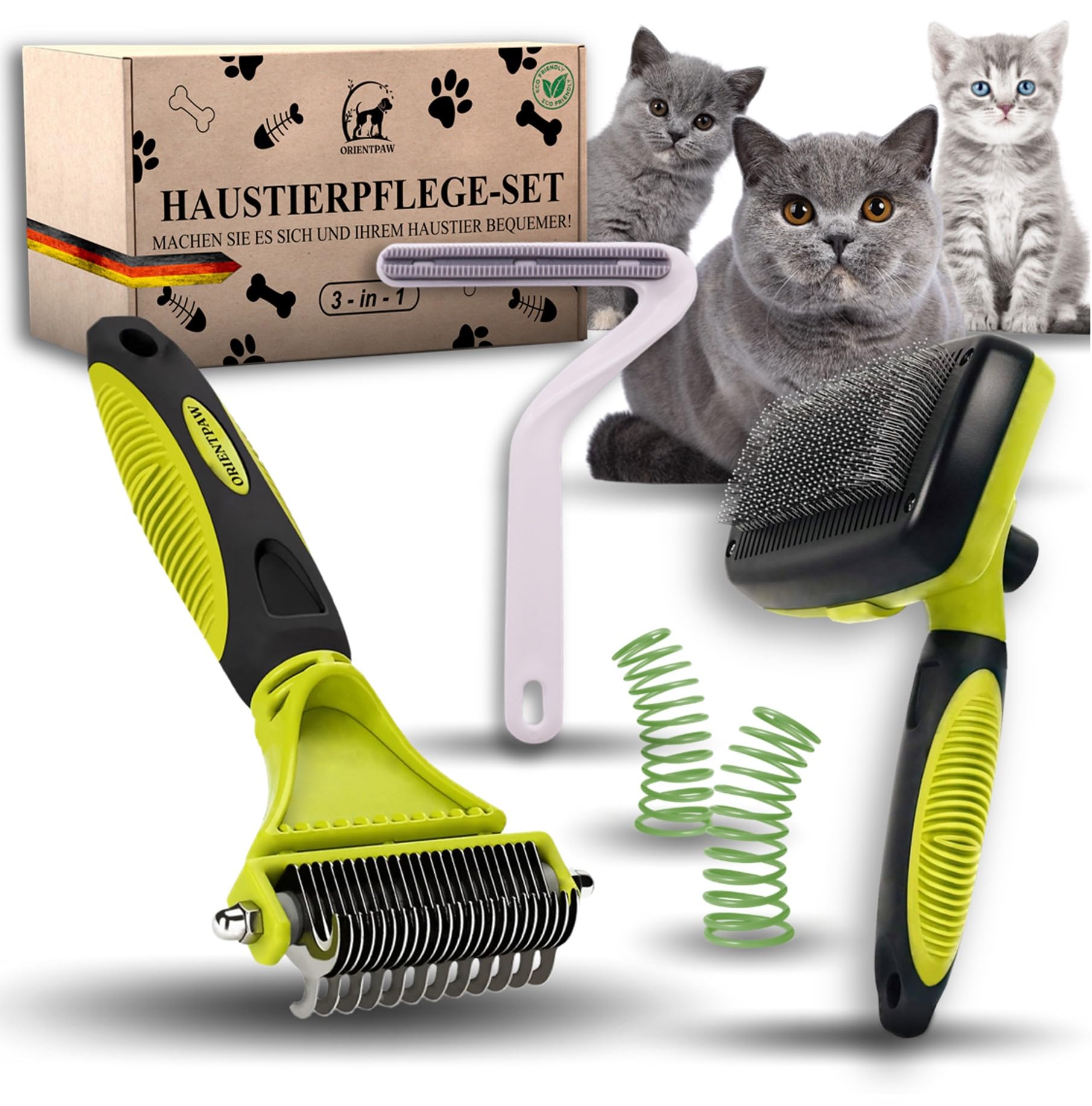 ORIENTPAW® Professional Cat Brush Set of 3 - Cat Care Set - 100% Comfort & Hygiene Thanks to Rounded Massage Bristles - Self-Cleaning Cat Fur Brush for Short Hair & Long Hair - Undercoat Brush Cats