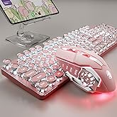 TK950 Wireless Typewriter Keyboard and Mouse Combo, 104 Keys Retro Typewriter Mechanical Keyboard with White Backlit, Anti-Ghosting, Blue Switch, Bluetooth/2.4G/Wired Cute Gaming Keyboards-Pink