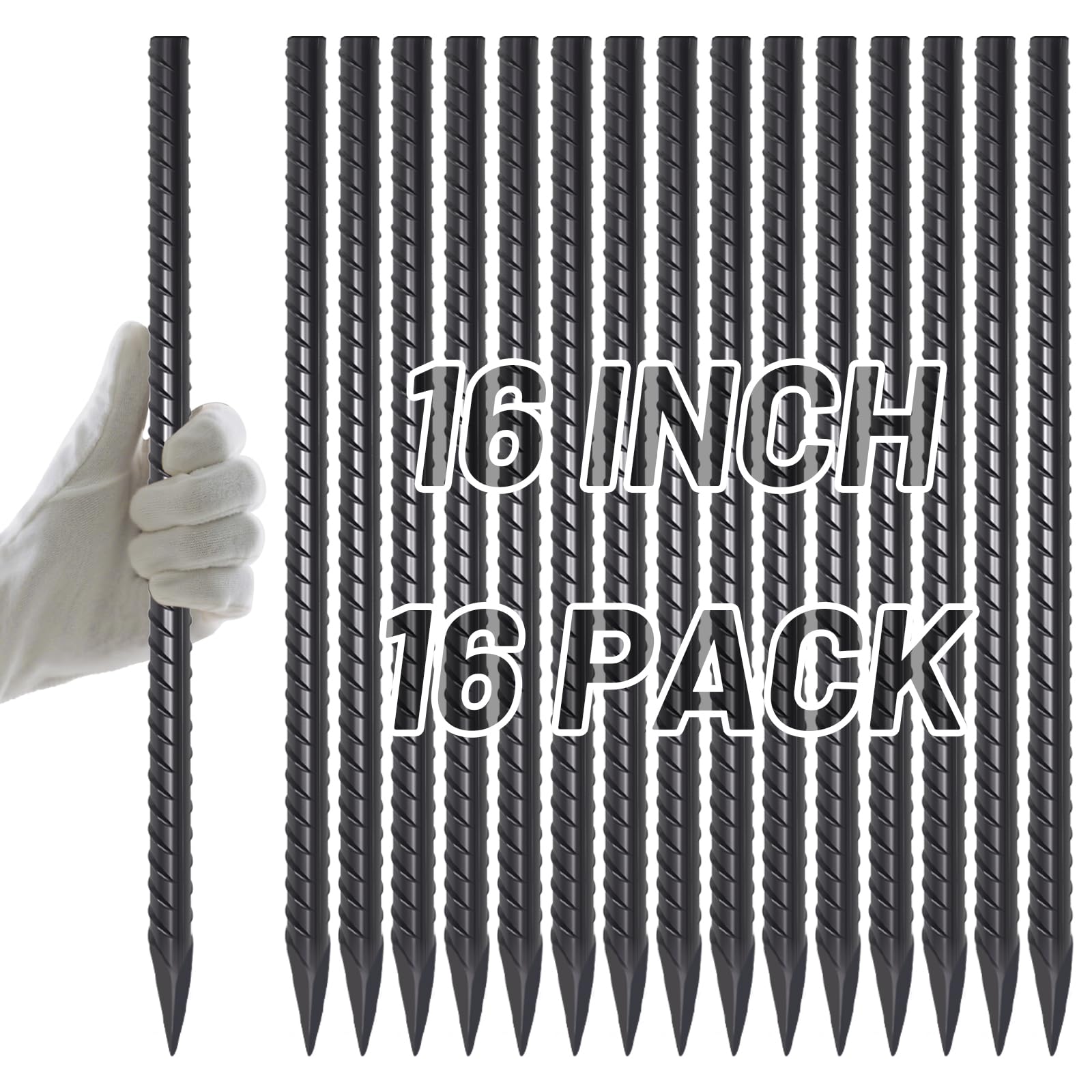 Photo 1 of AAGUT 16 Inch Rebar Stakes Heavy Duty 16 Pack 3/8" Diameter Landscape Timber Spikes, Straight Stakes with Chisel Point End, Ground Anchors for Camping Tent, Garden Plant Support, Concrete, Black