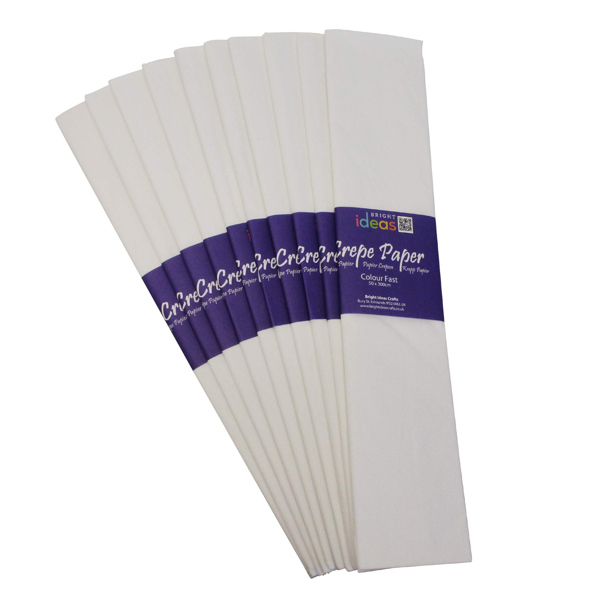 Bright Ideas Crepe Paper Sheets - White. Sheet Size: 50cm x 3m, Pack of 10 Folds. 17gsm, 40% Stretch, Colourfast and Acid Free. Ideal for Flower Making, Gift Wrapping and Arts & Crafts.