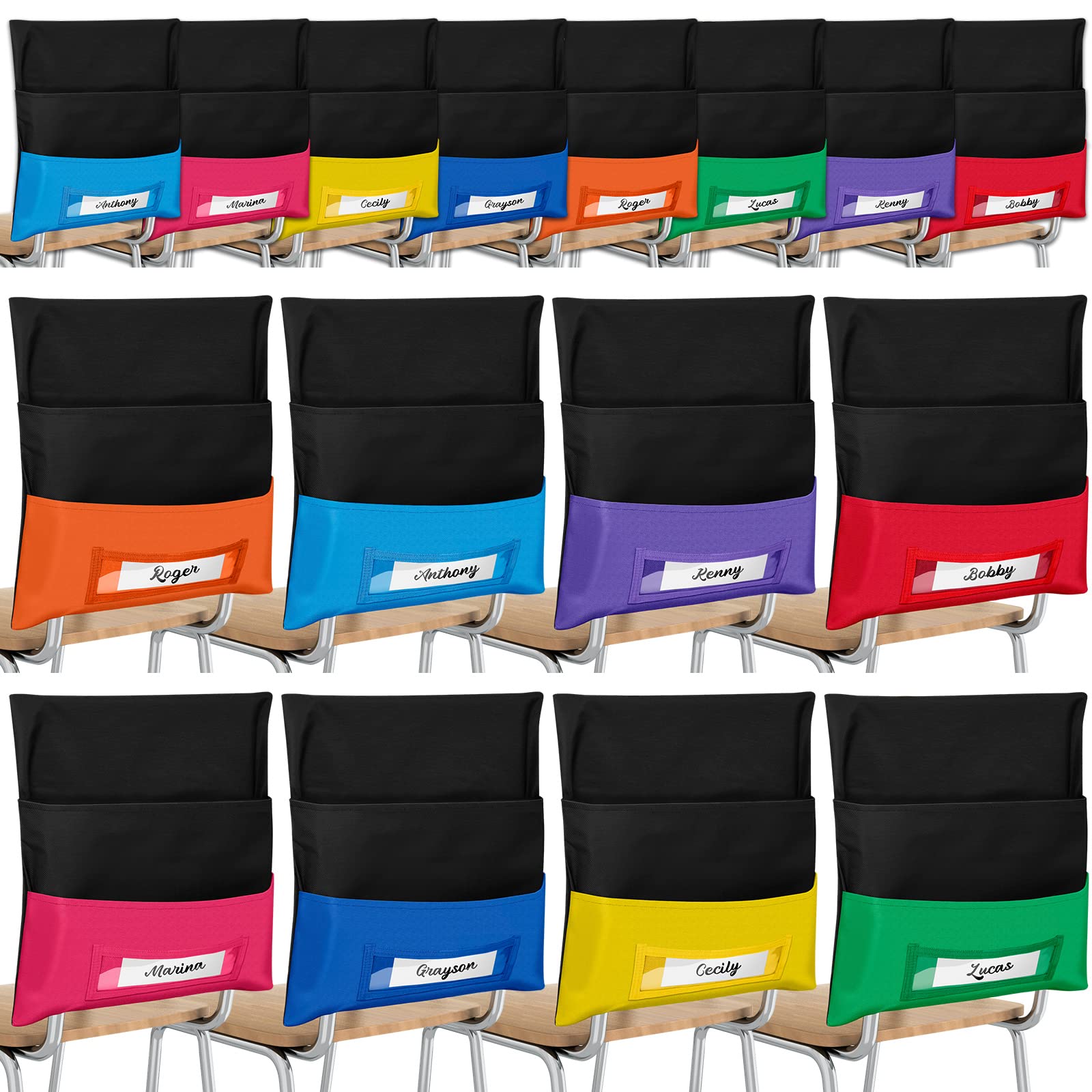 Photo 1 of Maitys 16 Pieces Chair Pockets Classroom Chair Organizer 8 Colors Seat Storage with Name Tag Slot for School, Classroom, Home, Group Team Organizers, 16 x 19 Inch (Black Background)