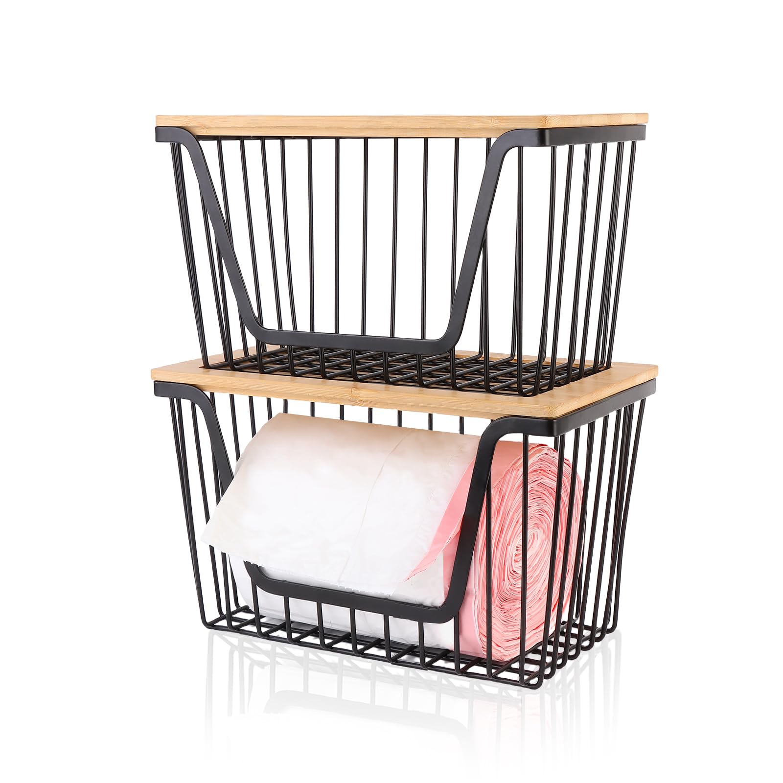 Photo 1 of 2 Pack Storage Stackable with Bamboo Top for Kitchen Laundry Room Organizers, Large Trash Bag Holder and Garbage Bag Dispenser
