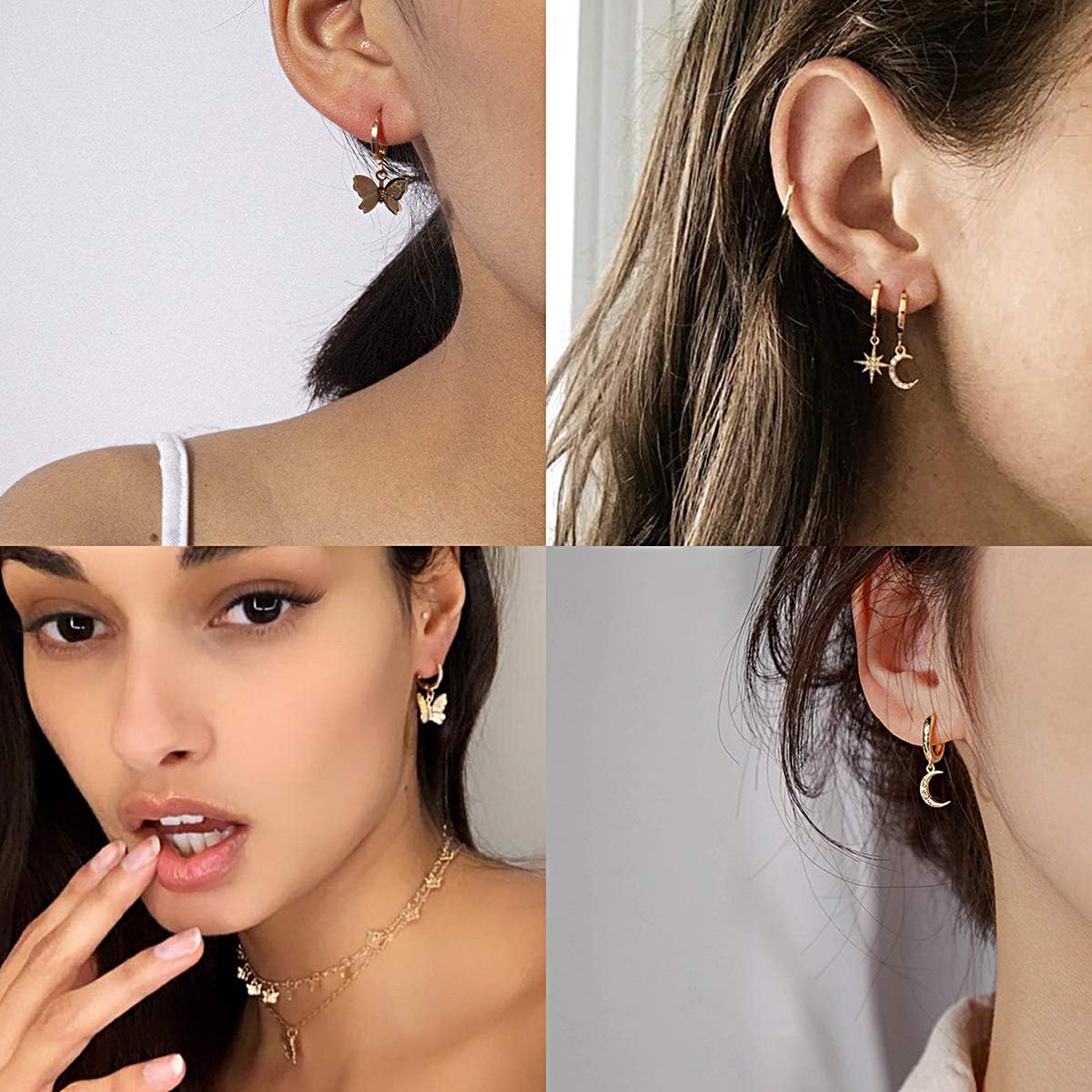 AIDSOTOU 9 Pairs Small Gold Butterfly Star Hoop Earrings Set for Women Girls Mini Huggie Hoop Earrings with Dangle Charms: Clothing