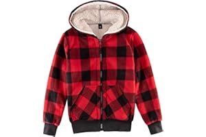 ThCreasa Kids Sherpa Fleece Lined Hoodie Jacket,Zip-Up Hooded Plaid Sweatshirt Jackets