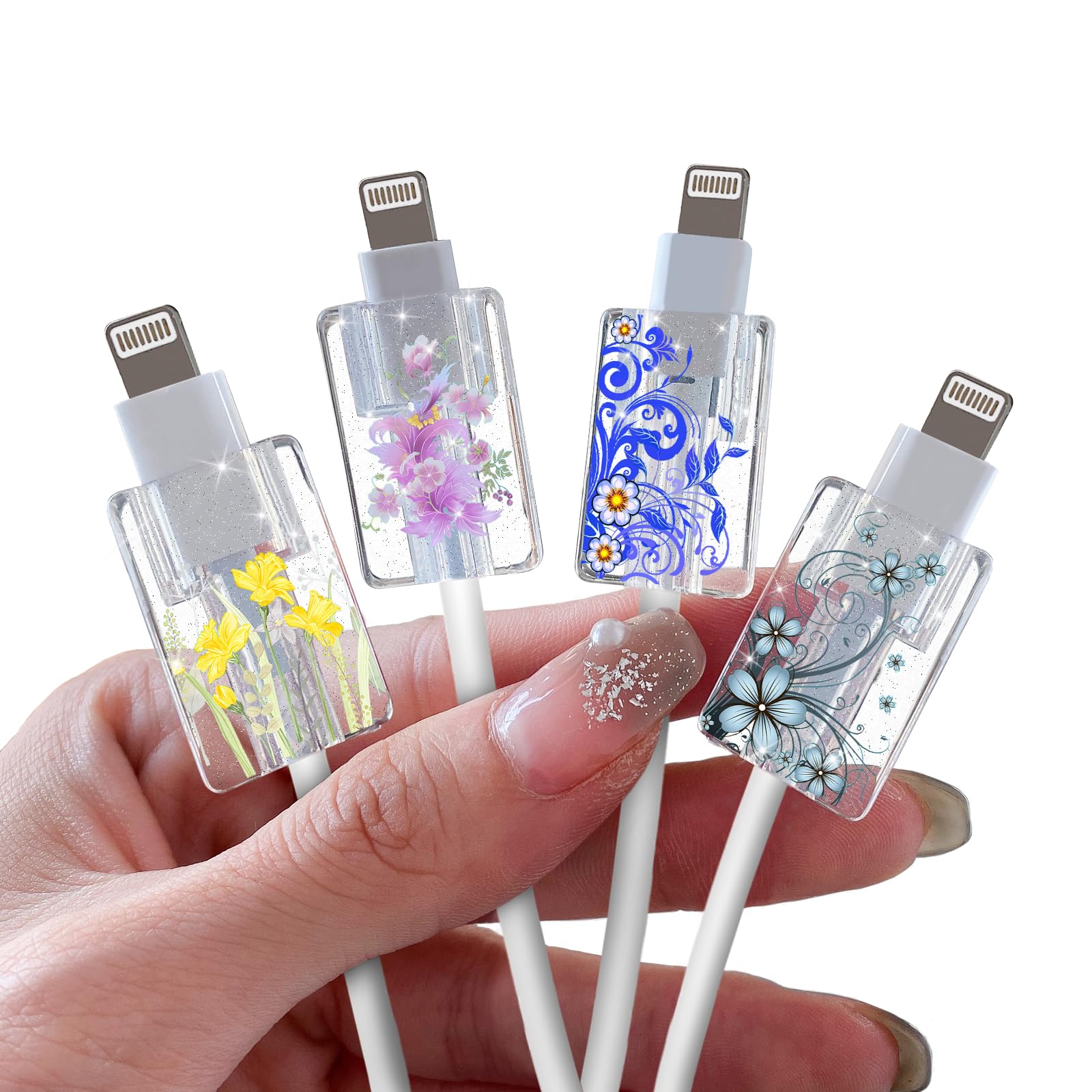 DiyGody Glitter Cable Protector for iPhone Type-c Charger, Cute Bling Floral Flowers Filaments Pattern 4 PCS Set Phone Protector, Charging Cord Saver