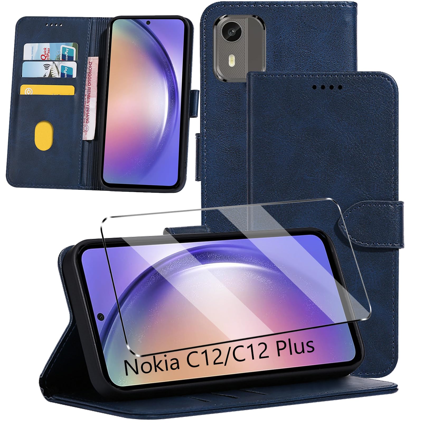 HuiYouMY 2-in-1 Case Compatible with Nokia C12 Leather Phone Case, Wallet Case Cover [Card Slots] [Kickstand] Magnetic Closure Full Protection Book Folio Design wallet flip phone case - Navy