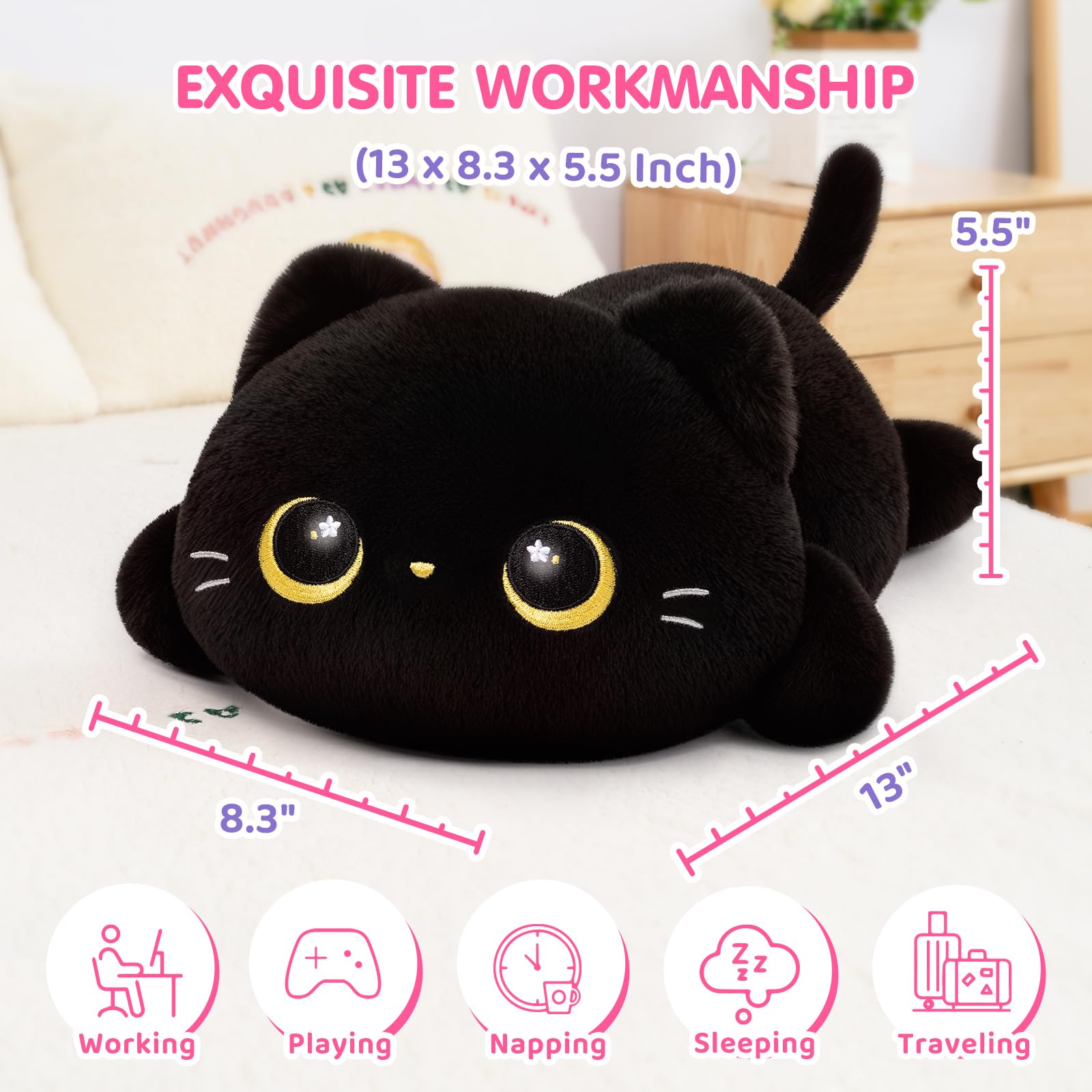 Cute Black Cat Plush Pillow, Kawaii Plushies Black Cat Stuffed Animals, Squishy Plushies, Cuddle Plush Pillow for Kids & Girls (13 Inch)