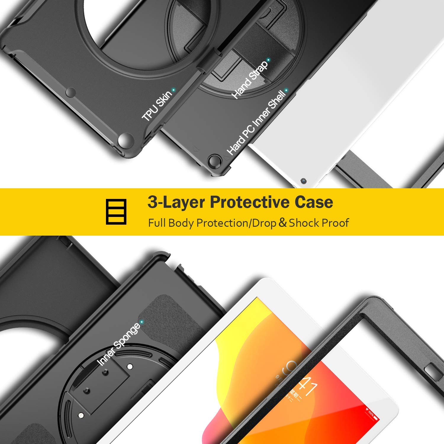 ProCase Rugged Heavy Duty Case for iPad 10.2 inch Case 2021 9th Gen / 2020 8th Gen / 2019 7th Gen, Shockproof Cover Case with Handle and Rotating Kickstand for 10.2