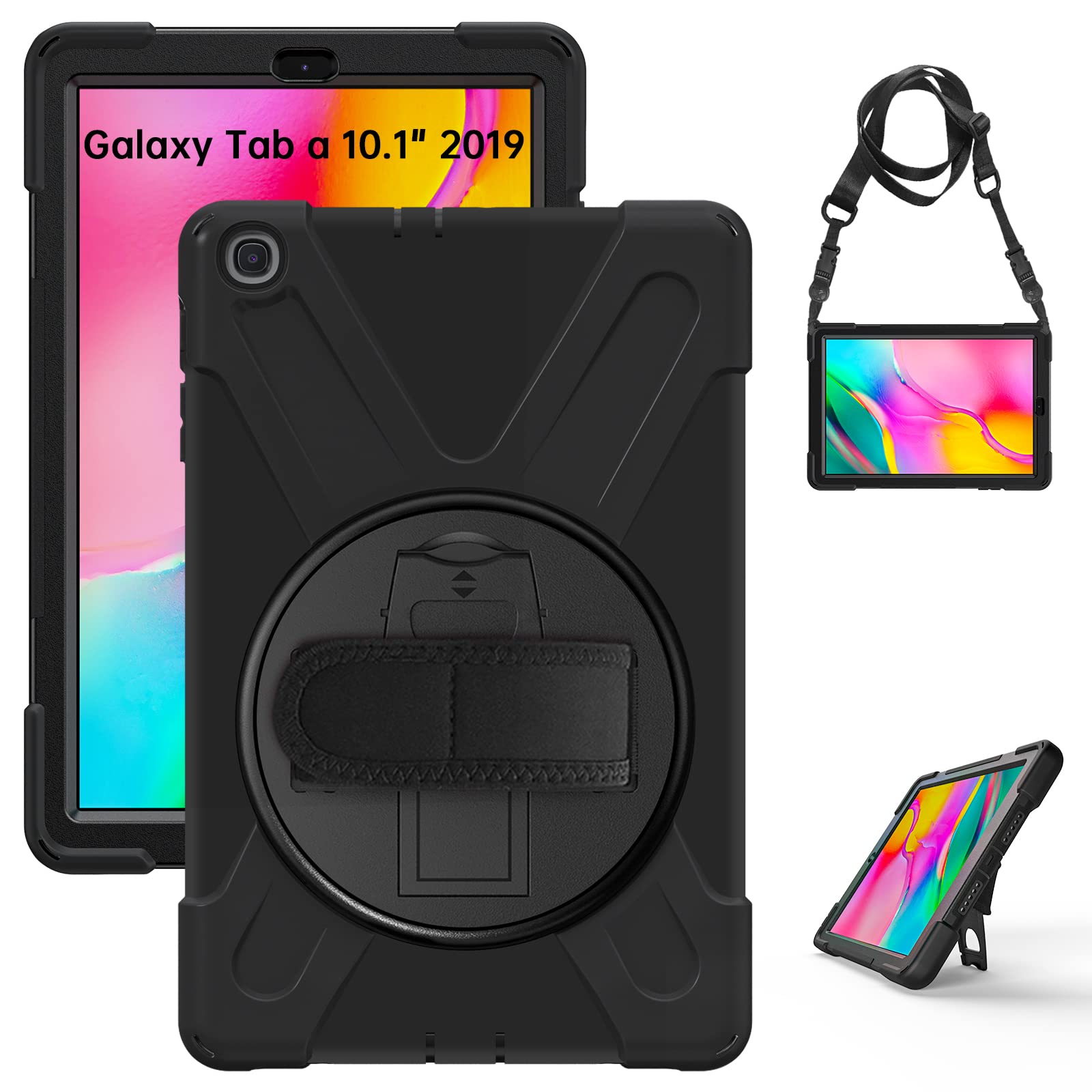 Gerutek for Samsung Galaxy Tab a 10.1 2019 SM T510/T515 Case, Heavy Duty Shockproof Tough Case with 360 Rotating Stand/Hand/Shoulder Strap Protective Cover for Galaxy tab a 10.1 2019,Black