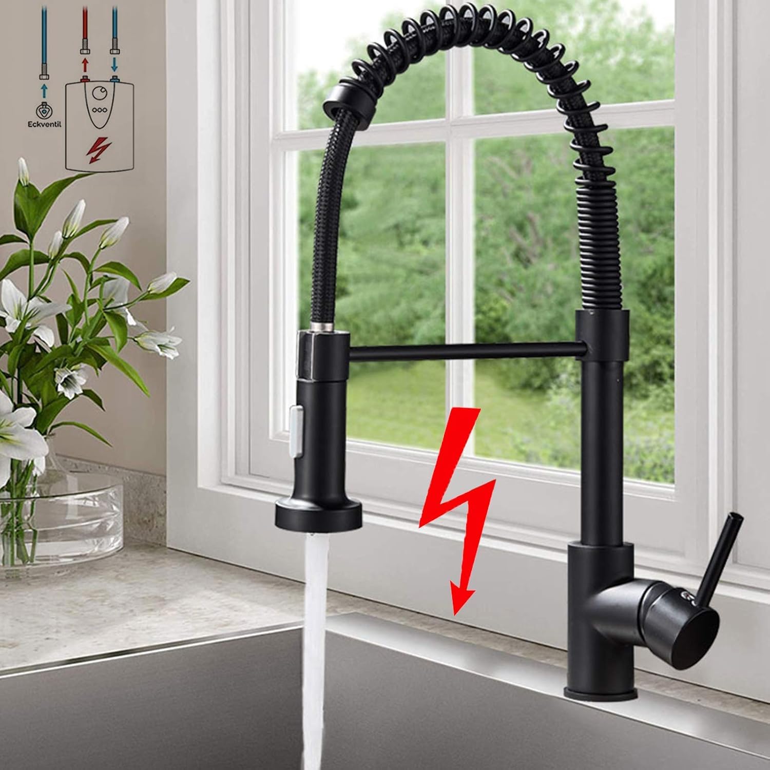 Onyzpily Low Pressure Kitchen Tap Black 360° Rotation Single Lever Mixer Tap With Double Nozzle