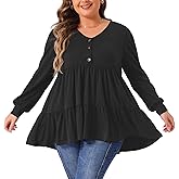 Agnes Orinda Plus Size Tops for Women V Neck Long Sleeve Button Up Peplum Tunics Babydoll Tops Tunics