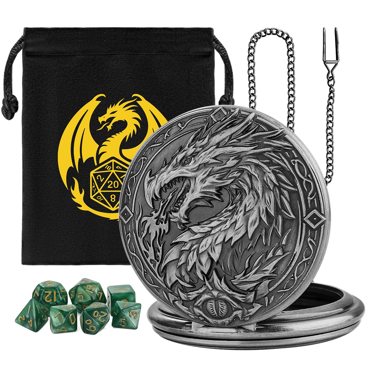 Mini DND Dice Set, 7-Piece Polyhedral Acrylic D&D Dice, with Steampunk Dragon Large Pocket Watch Case, DND Gift Bag with Dragon Logo, Role Play Board Game Accessories, Dark Silver + Green