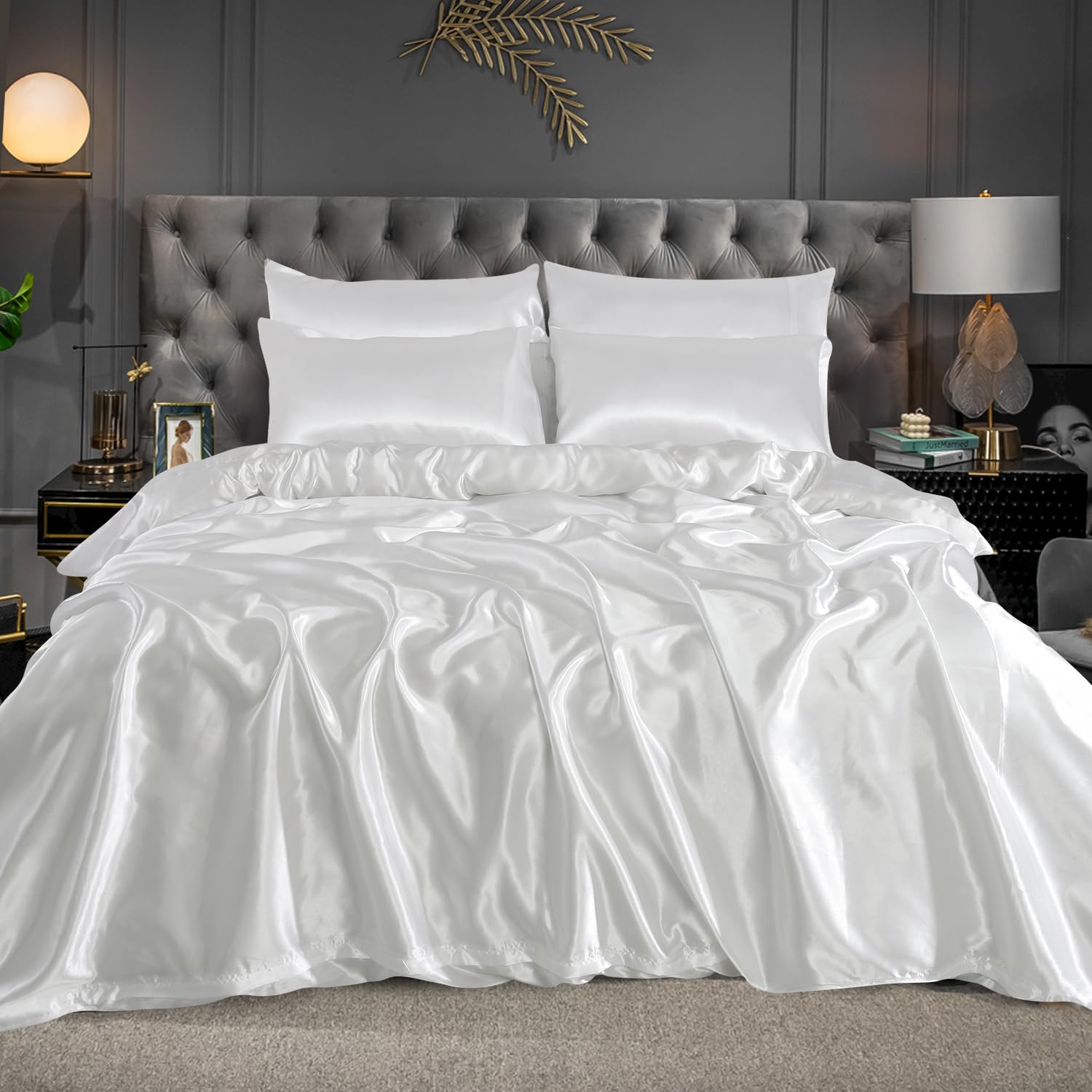 WEAVERS: Luxurious 6-Piece Silky Satin Bedding Set, Smooth & Glossy Finish, Includes Reversible Zipped Duvet Cover, 1 Fitted Sheet, and 4 Pillowcases. (Colour White Size King)