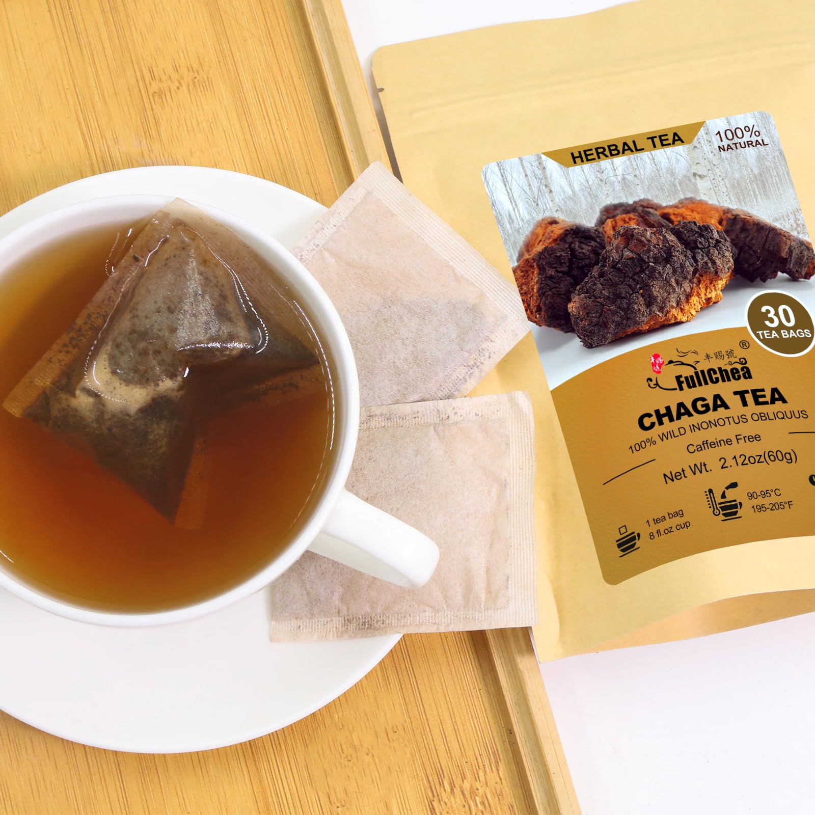 FullChea - Chaga Tea Bags, 30 Teabags, 2g/Bag - Premium Chaga Mushroom Tea - Non-GMO - Caffeine-Free - Rich in Antioxidants & Aid in Digestion