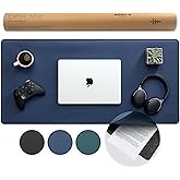 Nordik Felt and Leather Desk Mat - Midnight Blue - 89x43cm - Felt and Vegan Leather Desk Blotter with Document Hideaway - Lar