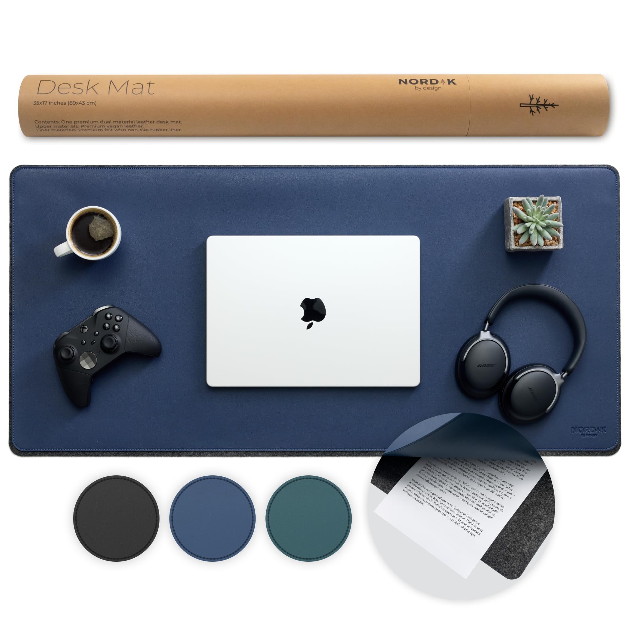 Nordik Felt and Leather Desk Mat - Midnight Blue - 89 X 43cm Felt and Vegan Leather Desk Blotter with Document Hideaway - Large Computer Mats for Desktop - Ideal Keyboard Mat for Office and Home