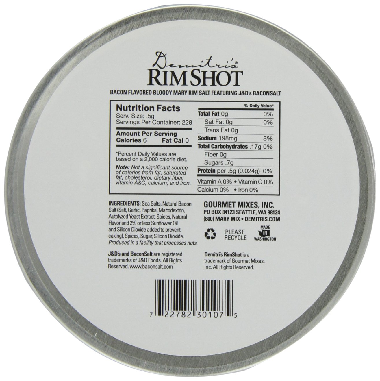 Demitri's Bacon RimShot, Spiced Rim Salt, 4 Ounce Tin : Bloody Mary Cocktail Mixes : Grocery & Gourmet Food