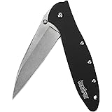 Kershaw Leek, Stonewashed Pocket Knife (1660SWBLK) 3” Stonewashed High-Performance Sandvik 14C28N Steel Blade, Black Anodized Aluminum Handle, SpeedSafe Assisted Opening, Liner and Tip Lock; 2.4 OZ