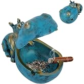 Cigar Ashtray with Lid, Hippo Ashtray for Cigars and Cigarettes, Dark Blue | Windproof Outdoor Ashtray for Patio Table, Resin Hippopotamus Desk Decor Gift for Men