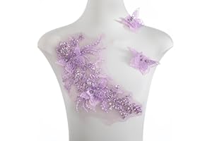 FixrWre Flower Pearl Fabric Rhinestones Beaded Lace Applique,3D Butterfly Embroidered Lace Patch for Clothes,Dress (Purple)