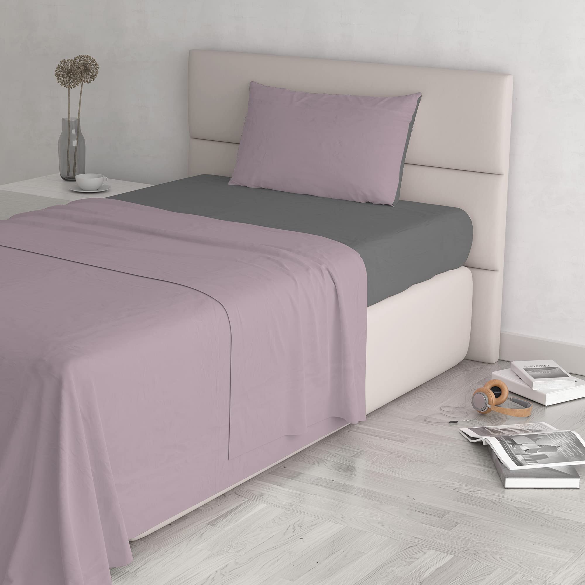 Italian Bed Linen Natural Colour Bed Sheet Set, Cotton, Antique Pink/Dark Grey, Small Double
