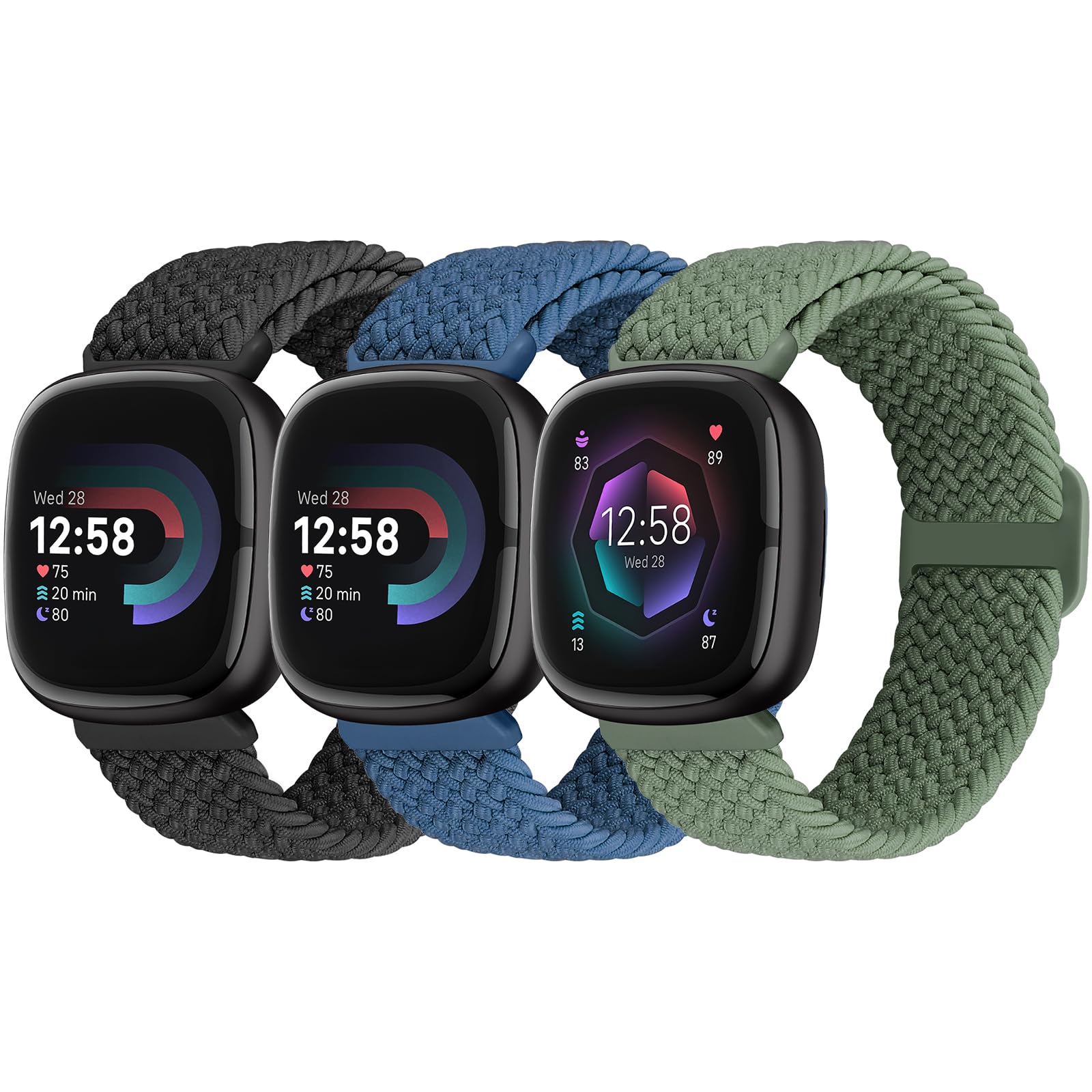 Yunshare Elastic Braided Strap Compatible with Fitbit Versa 4/Fitbit Sense 2/Fitbit Versa 3/Fitbit Sense, Stretchy Solo Loop Bands Nylon Sport Wristband for Women Men, 3 Packs