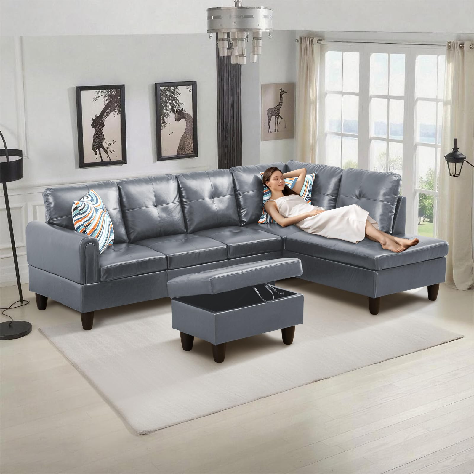 Photo 1 of **RIGHT SECTION ONLY. SELLING AS PARTIAL SET. ONE OF THREE BOXES**97" Modular Faux Leather L-Couch, Convertible Sofá, Reversible Chaise + Hidden-Storage Ottoman, 5–6 Seat Sectional with Armrests, Easy Assembly Corner Couch, Dark Grey