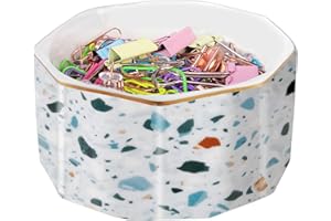 LEAZUL Ceramic Paper Clip Holder Gold Line Paper Clip Dispenser Organizer for Desk Cute Terrazzo Marble Pattern Office Binder Clip Holder Bobby Pin and Hair Clip Holder Gift for Office Blue