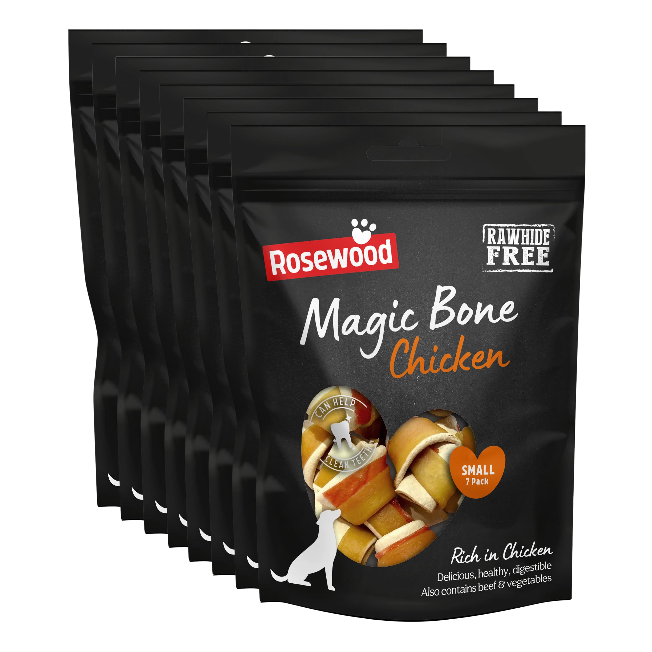 Rosewood Magic Bone Chicken Treats for Dogs - Chicken Flavour Dog Treats, Rawhide Free, Small Sized Dog Chews for Small, Medium and Large Dogs, 7pc (Case of 8 x 105g)