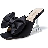 LIURUIJIA Women's Satin Bow High Heels - 3.5 Inch Clear Flare Heel Sandals, Square Open Toe Slip-on Mules Dressy Shoes for Wedding, Bridal & Evening Party