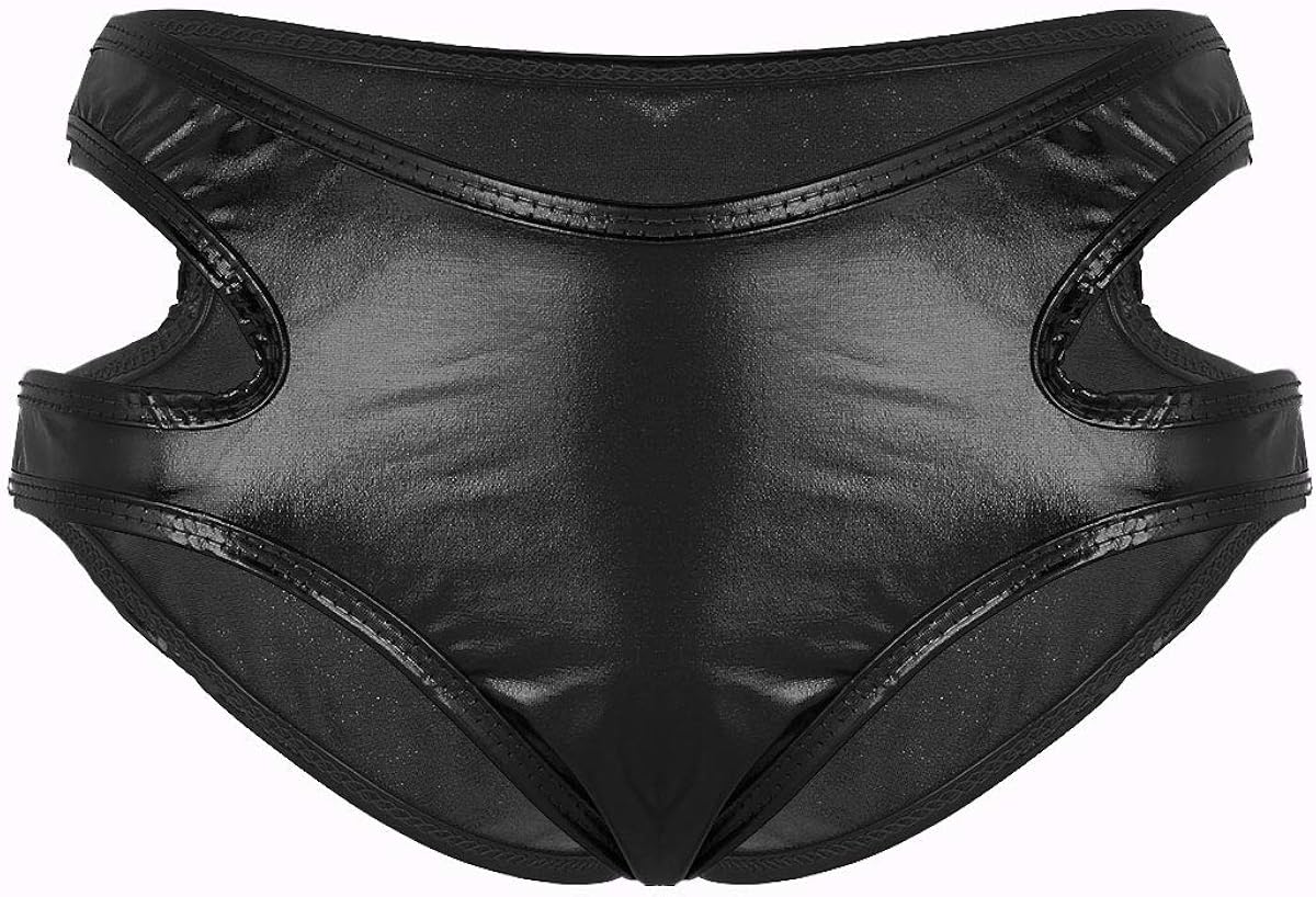 ACSUSS Women's Shiny Metallic Strappy Cutout Hipster Panties Low Rise Bikini Bottoms Black One Size: Clothing