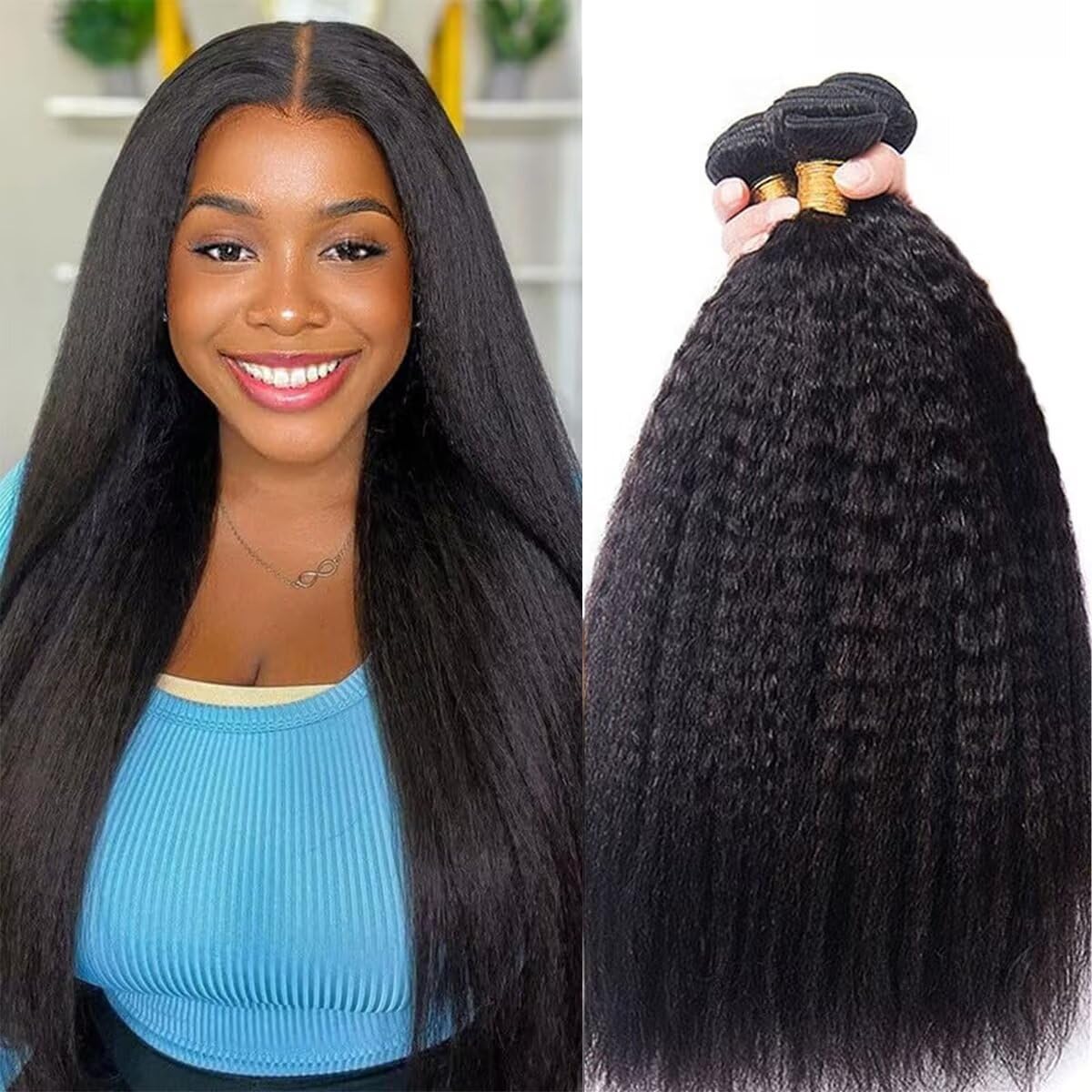 22 24 26 Inch Yaki Straight Bundles Human Hair Bundles Kinky Straight Hair 3 Bundle 12A Brazilian Kinky Straight Human Hair Weave For Black Women Total 285-300g Natural Color