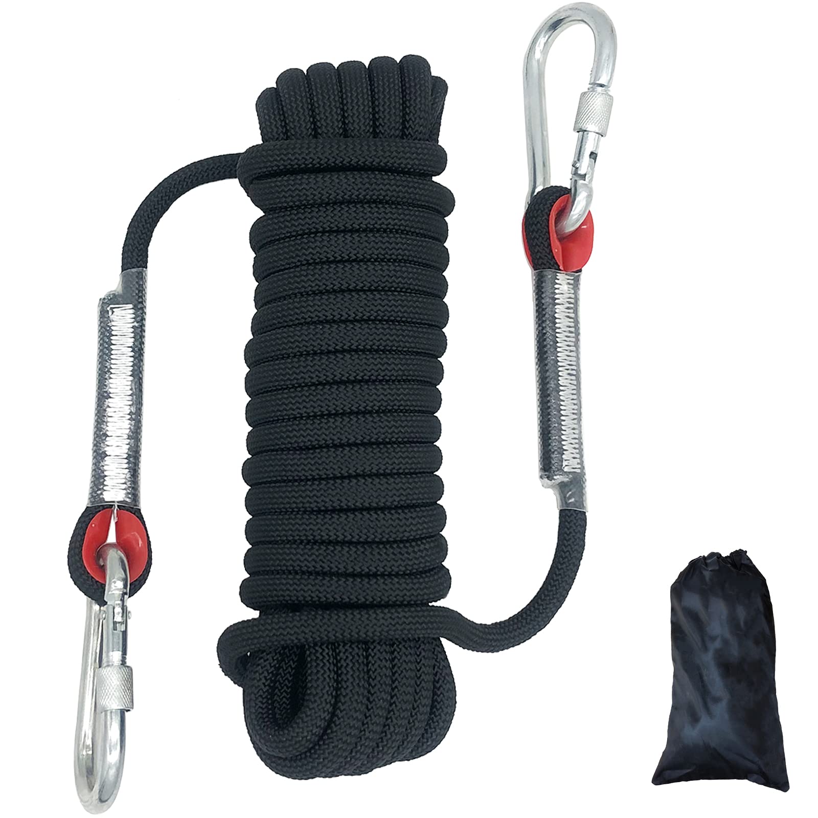 Climbing Rope Diameter 10mm Outdoor Static Cord, High Strength Safety Rope with 2 Carabiner, for Escape, Fire Rescue, Dock Anchoring, Skateboard fixing etc, Black Length 10m