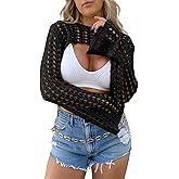 Langwyqu Women's Crochet Crop Tops Y2k Long Sleeve Crewneck Shrug Hollow Out Summer Beach Cover Ups