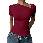 LOLONG Womens Short Sleeve Shirts Summer 2026 Asymmetrical Neck Pleated Slim Fitted Tee Tops