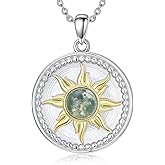 BHUBREA 925 Sterling Silver Moss Agate Sunburst Pendant Necklace For Women, Natural Round Cut Green Moss Agate, Dainty Birthday Jewelry Gifts For Her