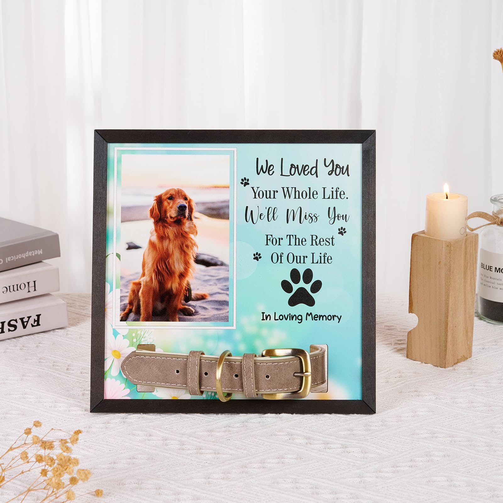 GUANKE Dog Memorial Gifts, 4X6 Wood Pet Memorial Picture Frame, Cat Photo Frame, with Collar Holder, for Animal Lovers (Blue)