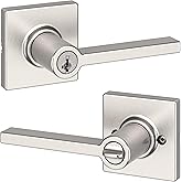 Weiser Casey Satin Nickel Front Door Handle with Lock, Reversible Square Exterior/Interior Door Handles with Lock, Keyed Entr