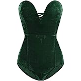 Women's Vintage Velvet Bodysuit Deep V Strapless Sexy Cross Back Bodycon Jumpsuit