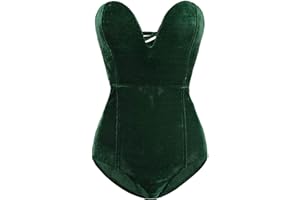 Michellecmm Women's Vintage Velvet Bodysuit Deep V Strapless Sexy Cross Back Bodycon Jumpsuit