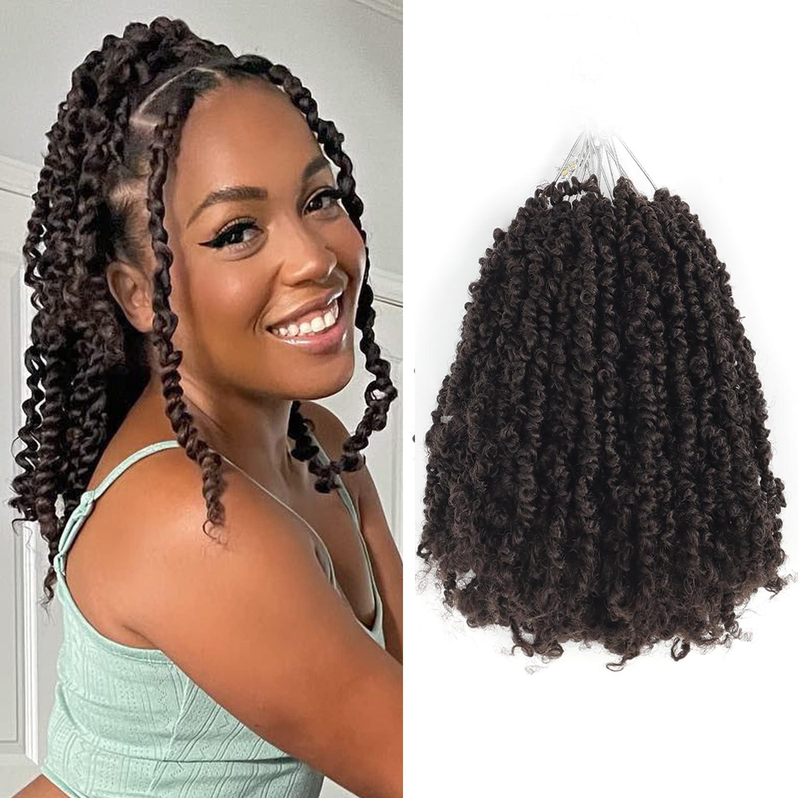 Ainimiu Yanky Twist Crochet Hair - 12 Inch 8 Packs Pre-twisted Fluffy Spring Mini Short Passion Twist, Ombre Brown Pre-Looped Crochet Braids (20 Strands/Piece)