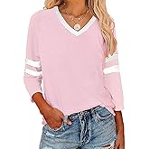 XIWUKOD Womens Tops V Neck Color Block Tee Striped Tunics 3/4 Sleeve Fashion Comfy Shirt Basic Tshirts