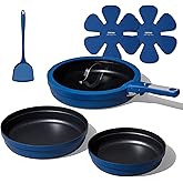 CAROTE 8Pcs Non Stick Frying Pans Set 3 Sizes(8,10,12 Inch), Kitchen Nonstick Skillets with Detachable Handle, Cooking Pan with lid, Oven Safe, Induction Cookware, Stackable Kitchen Set, Blue