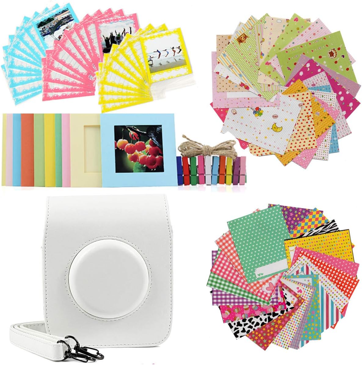 Ngaantyun Bundle Kit Accessories Beige Protective Case Shoulder Bag, Wall Hanging Photo Frames, Wooden Clips, Lace Pouch Bags, Sticker Borders Set for Fujifilm Instax Square SQ20 Camera Films