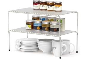 WOSOVO Set of 2 Kitchen Cabinet Organizer and Storage Shelves Stackable Expandable Storage Racks with Anti-slip Liners for Cabinet Pantry, Silver