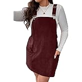 WDIRARA Women's Plus Size Corduroy Sleeveless Short Pinafore Overall Dress with Pocket