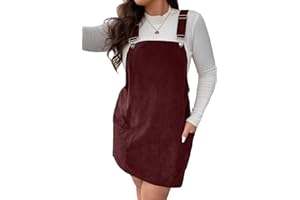 WDIRARA Women's Plus Size Corduroy Sleeveless Short Pinafore Overall Dress with Pocket