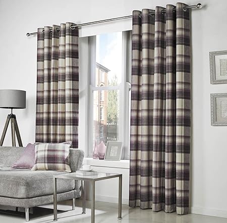 Brook Checked Lined Curtains 90 X 90 Plaid Tartan Dark Plum
